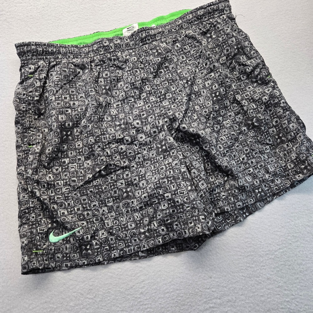 Vintage‎ Nike Mens XL Swim Trunks Geometric Print Black Neon Green Swoosh Shorts